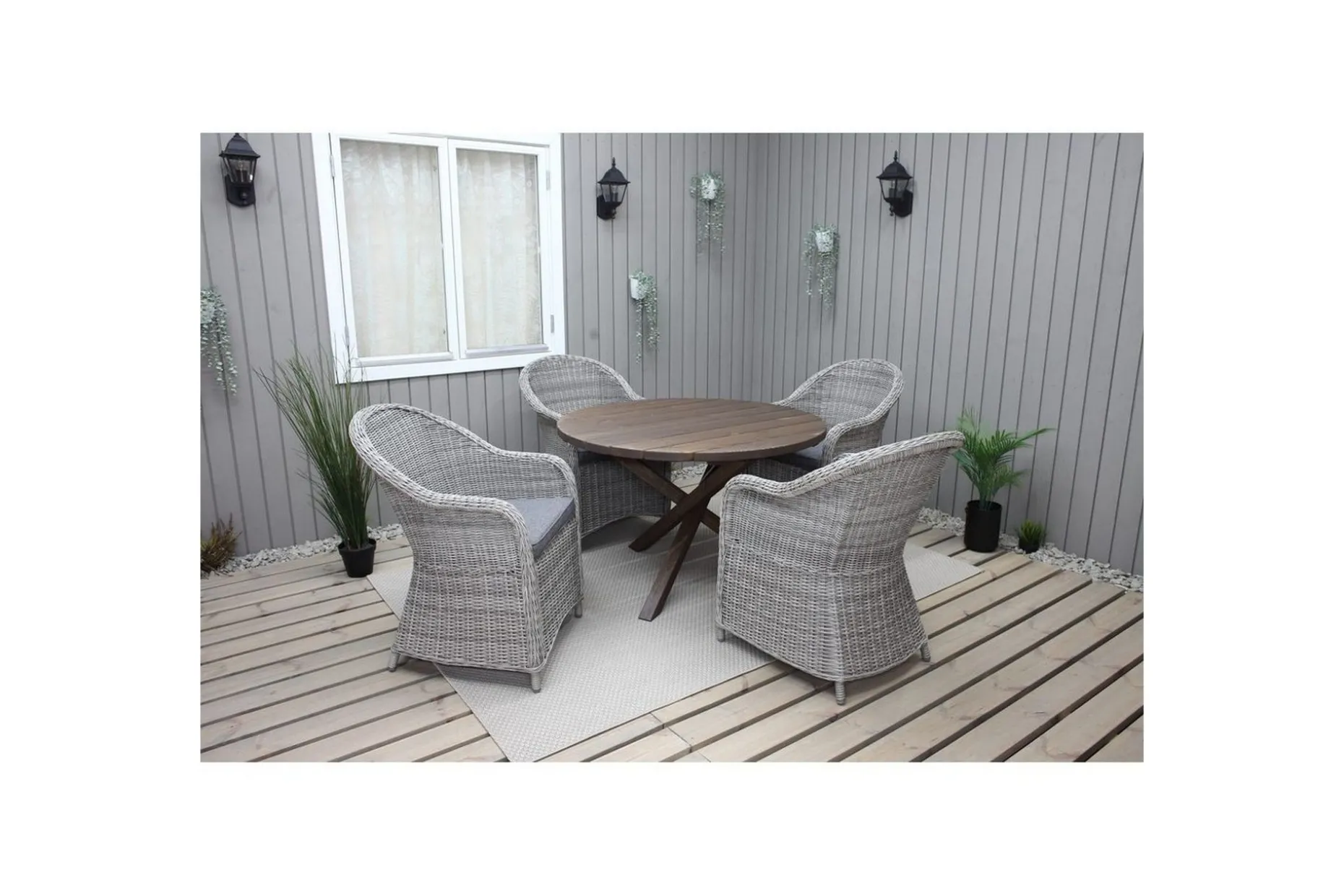 Utomhusmöbelgrupp Ø 112 cm bord & 4 Belize grå stolar Brun