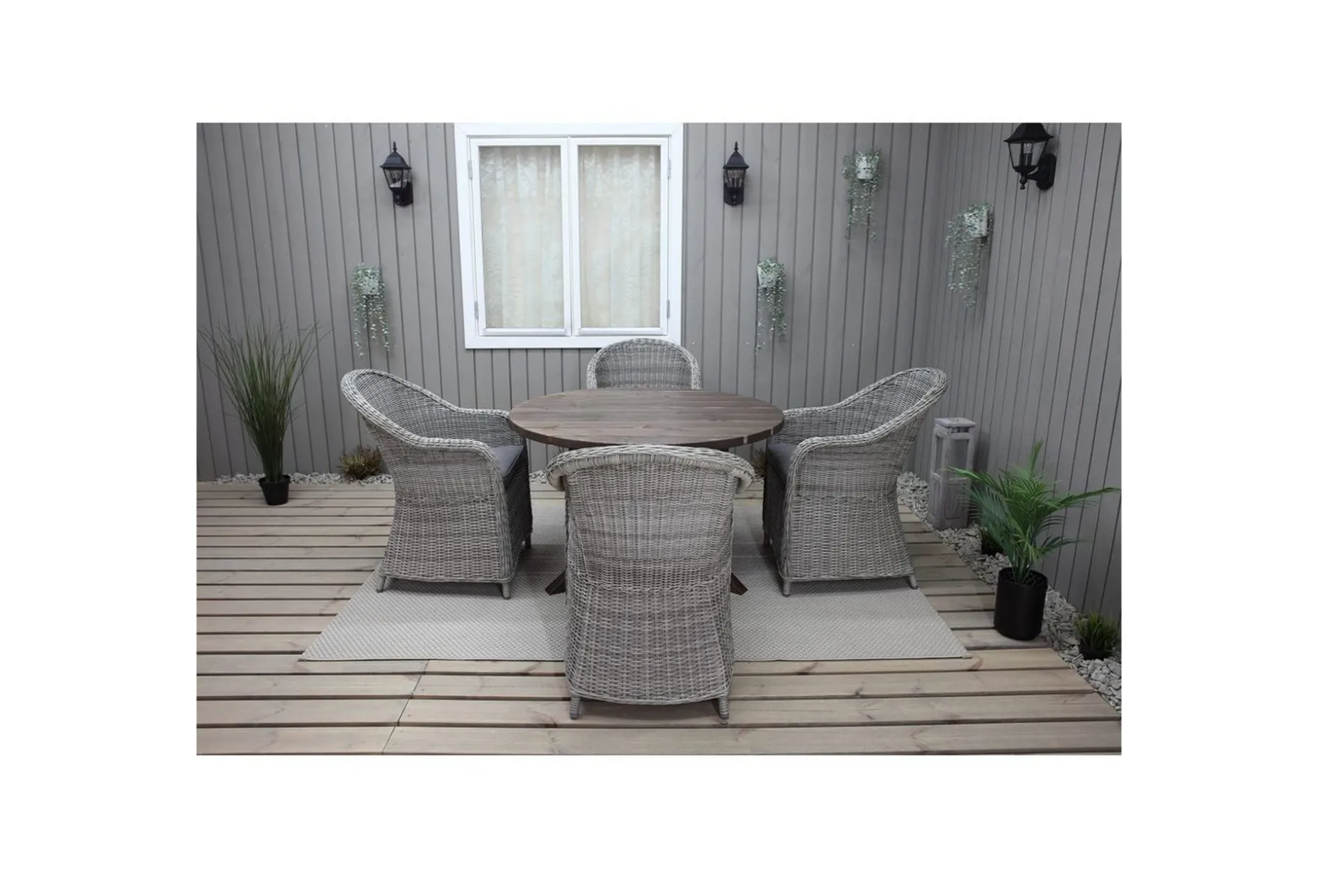 Utomhusmöbelgrupp Ø 112 cm bord & 4 Belize grå stolar Brun