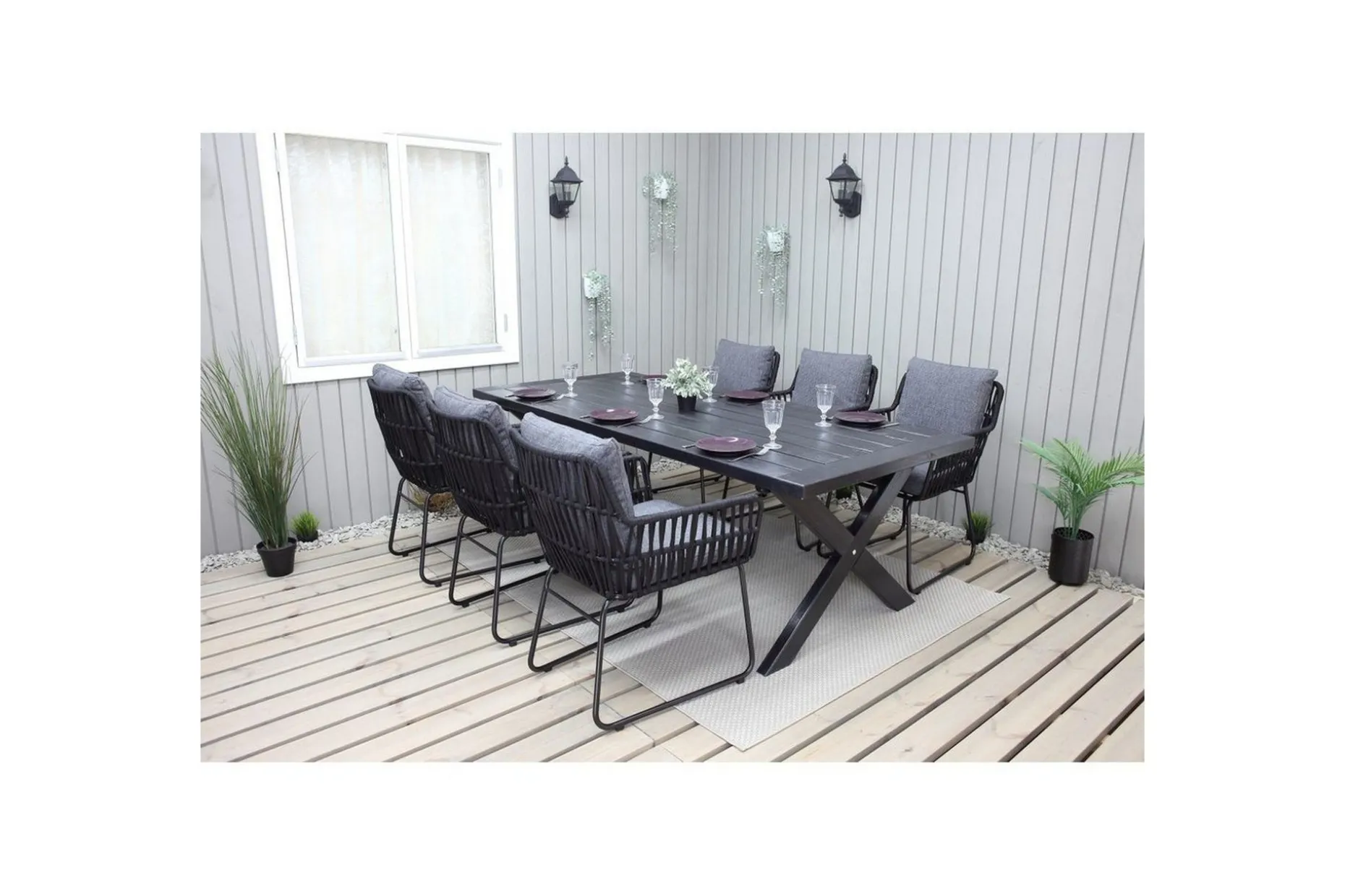 Utomhusmöbelgrupp 220 cm Bord & 6 Levanto grå stolar Svart