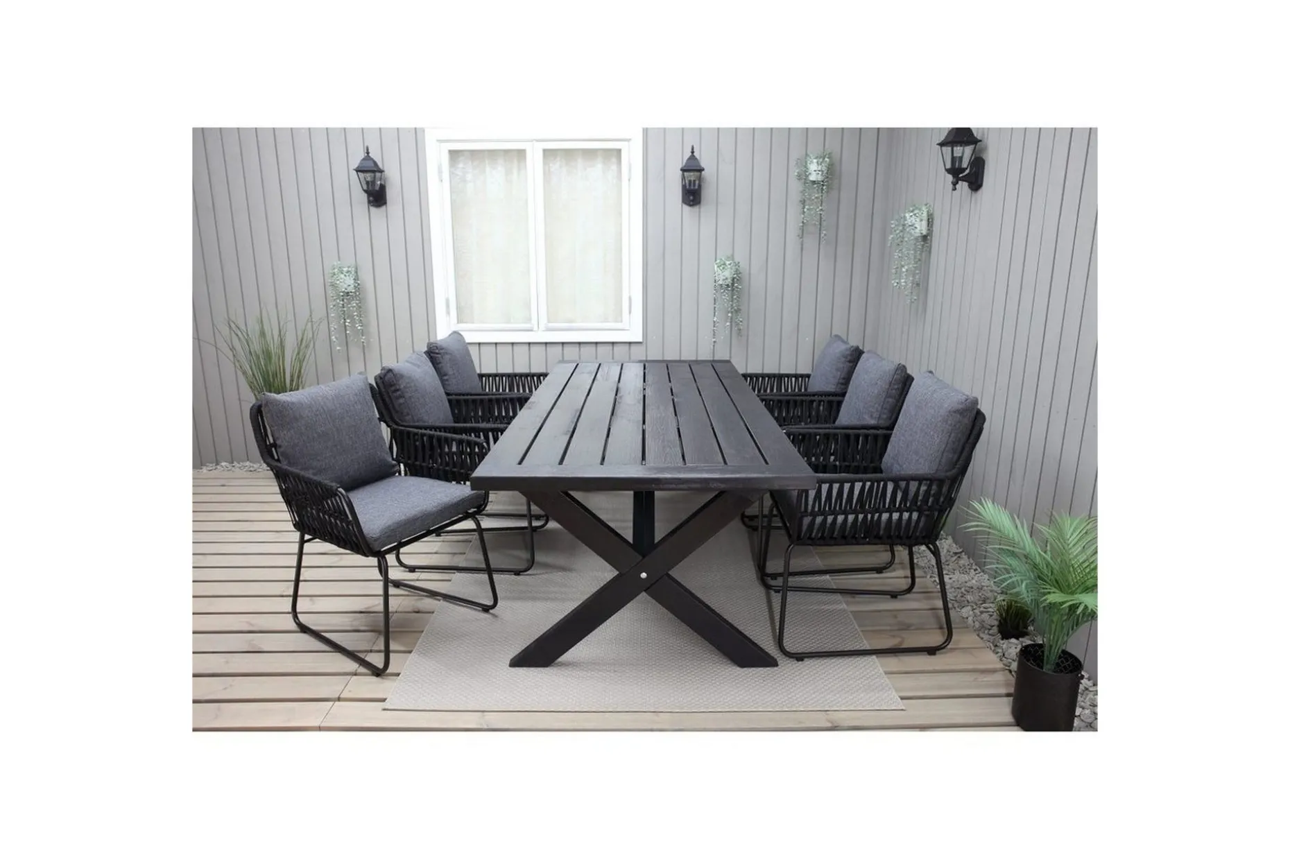 Utomhusmöbelgrupp 220 cm Bord & 6 Levanto grå stolar Svart